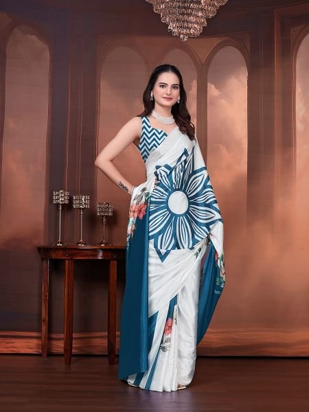 Ready to Wear Silk Crepe Floral Print Saree with Unstitched Blouse for Party Wear Ready To Wear Sarees