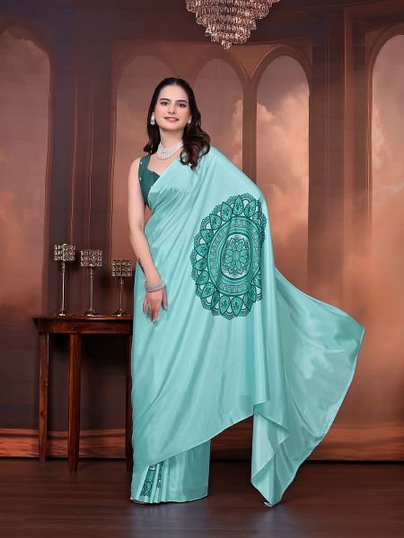 Ready to Wear Silk Crepe Floral Print Saree with Unstitched Blouse for Party Wear Ready To Wear Sarees