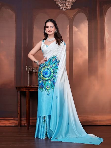 Ready to Wear Silk Crepe Floral Print Saree with Unstitched Blouse for Party Wear Ready To Wear Sarees