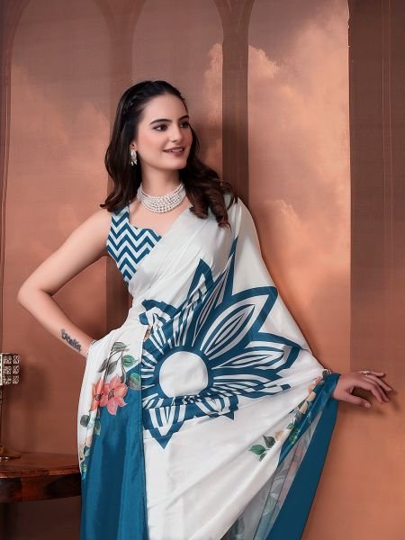 Ready to Wear Silk Crepe Floral Print Saree with Unstitched Blouse for Party Wear Ready To Wear Sarees