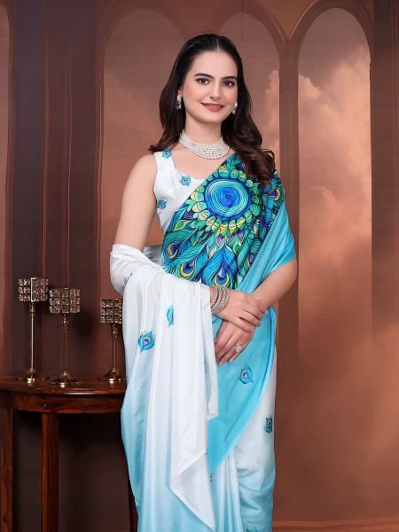 Ready to Wear Silk Crepe Floral Print Saree with Unstitched Blouse for Party Wear Ready To Wear Sarees