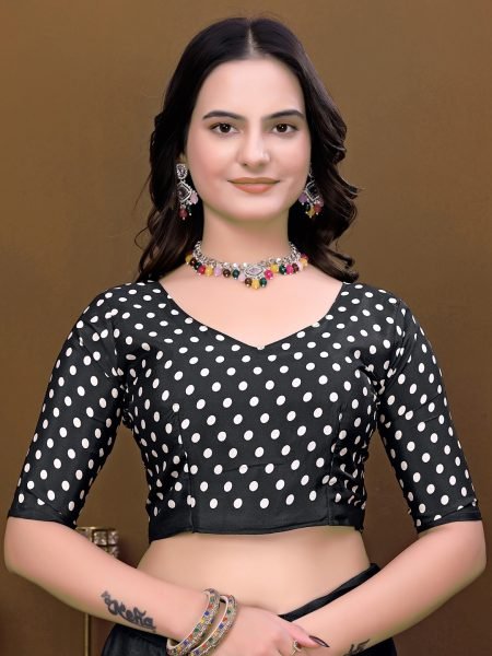 Ready To Wear Silk Crepe Saree with Neon Batik Floral Print & Polka Dot Blouse Ready To Wear Sarees