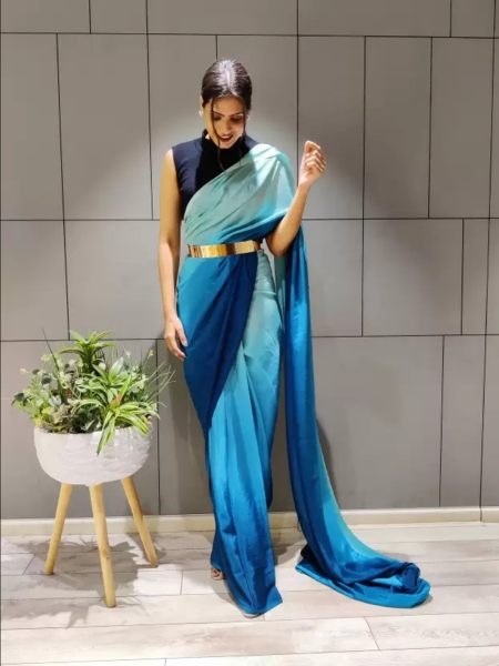 Ready To Wear Solid Chiffon Two Tone Saree With Belt Designer Sarees