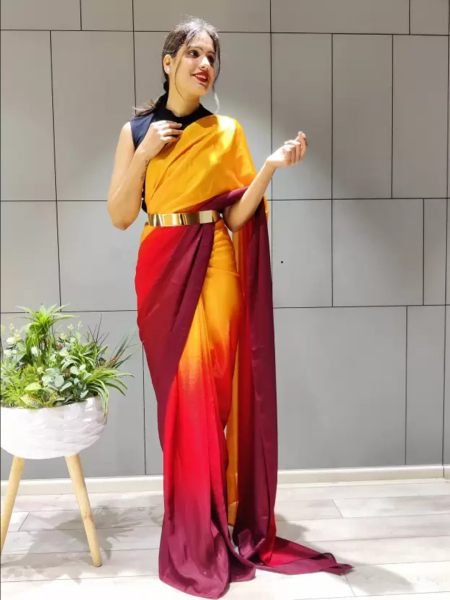 Ready To Wear Solid Chiffon Two Tone Saree With Belt Designer Sarees