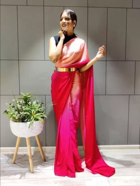 Ready To Wear Solid Chiffon Two Tone Saree With Belt Designer Sarees