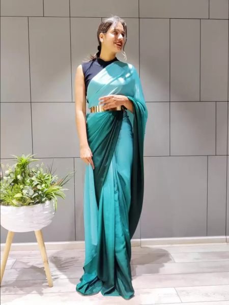 Ready To Wear Solid Chiffon Two Tone Saree With Belt Designer Sarees