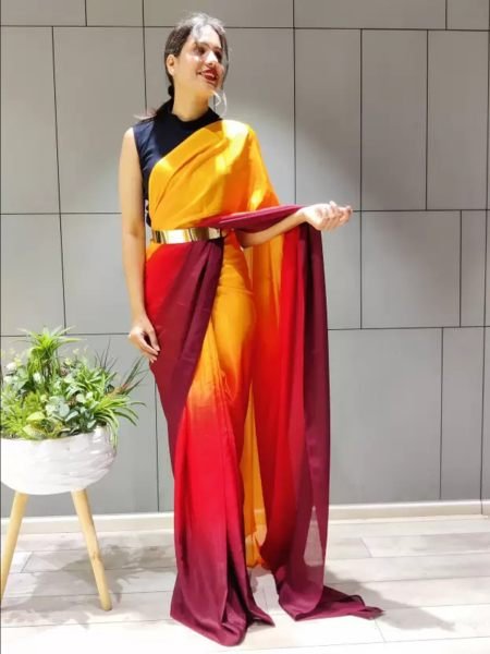 Ready To Wear Solid Chiffon Two Tone Saree With Belt Designer Sarees