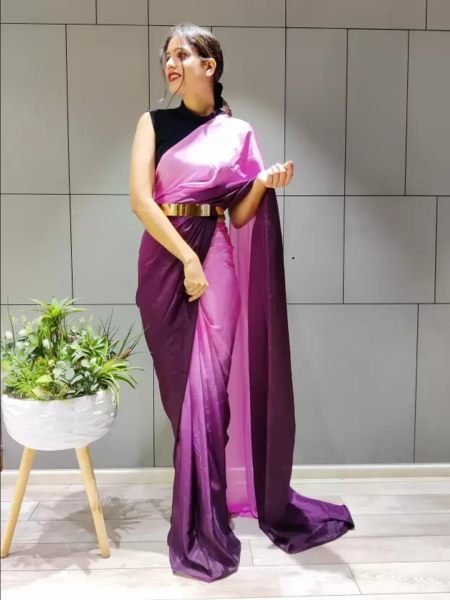 Ready To Wear Solid Chiffon Two Tone Saree With Belt Designer Sarees