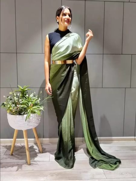 Ready To Wear Solid Chiffon Two Tone Saree With Belt Designer Sarees