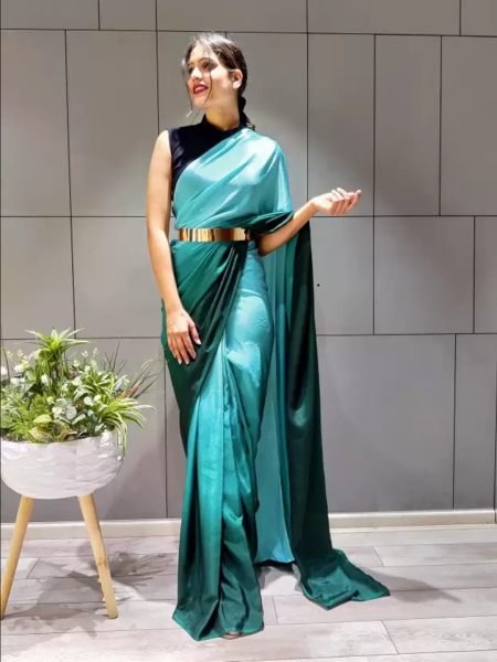 Ready To Wear Solid Chiffon Two Tone Saree With Belt Designer Sarees