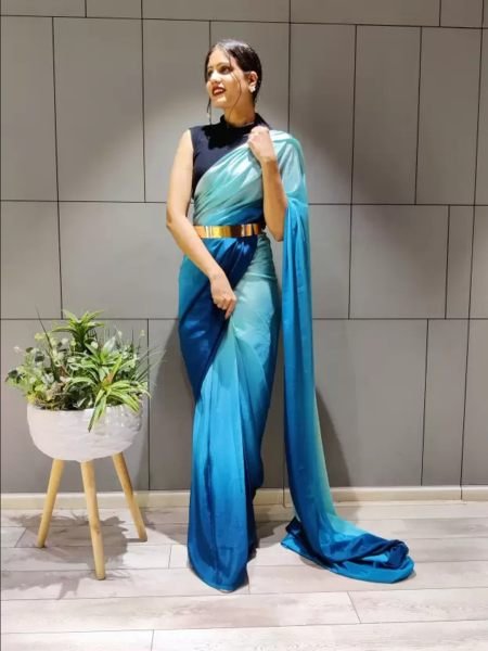 Ready To Wear Solid Chiffon Two Tone Saree With Belt Designer Sarees