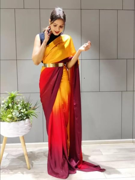 Ready To Wear Solid Chiffon Two Tone Saree With Belt Designer Sarees