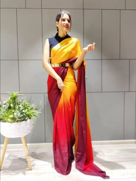 Ready To Wear Solid Chiffon Two Tone Saree With Belt Designer Sarees