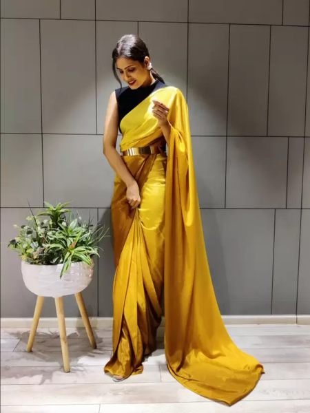 Ready To Wear Solid Chiffon Two Tone Saree With Belt Designer Sarees