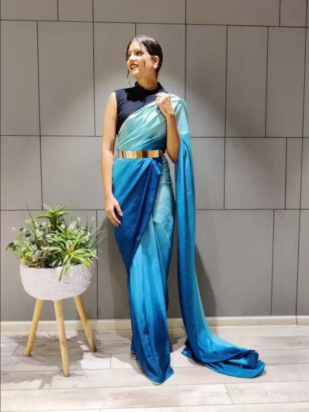 Ready To Wear Solid Chiffon Two Tone Saree With Belt Designer Sarees