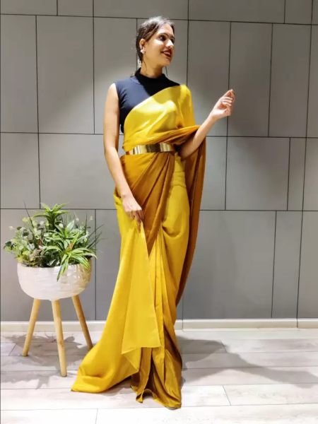Ready To Wear Solid Chiffon Two Tone Saree With Belt Designer Sarees