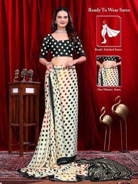 Ready to Wear White Polka Dot Print Pure Satin Saree 