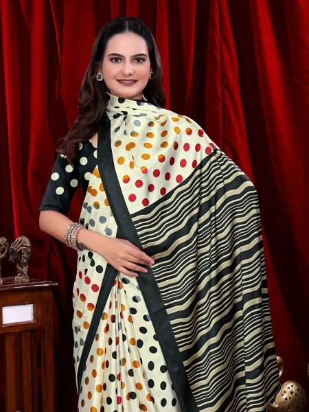 Ready to Wear White Polka Dot Print Pure Satin Saree Ready To Wear Sarees