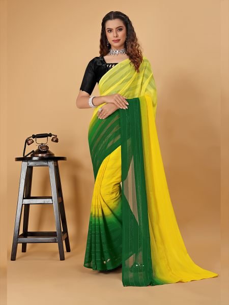 Ready To Wear Woven Chiffon Foli Print Work Two Tone Saree Sale