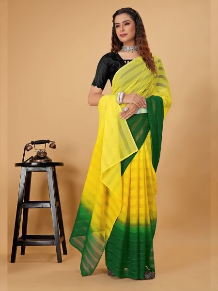 Ready To Wear Woven Chiffon Foli Print Work Two Tone Saree Ready To Wear Sarees