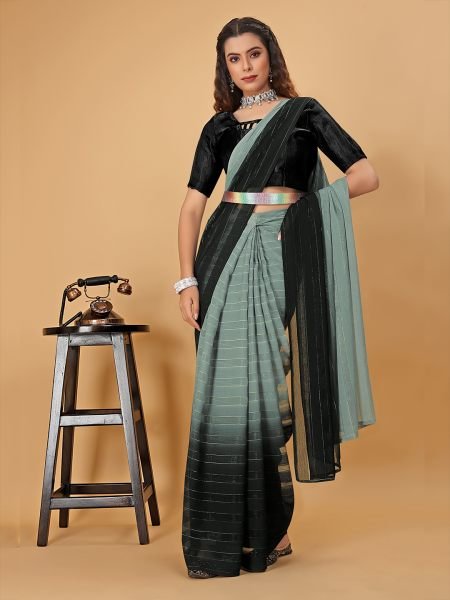 Ready To Wear Woven Chiffon Foli Print Work Two Tone Saree Ready To Wear Sarees