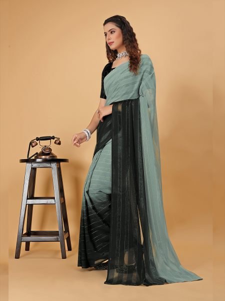 Ready To Wear Woven Chiffon Foli Print Work Two Tone Saree Ready To Wear Sarees