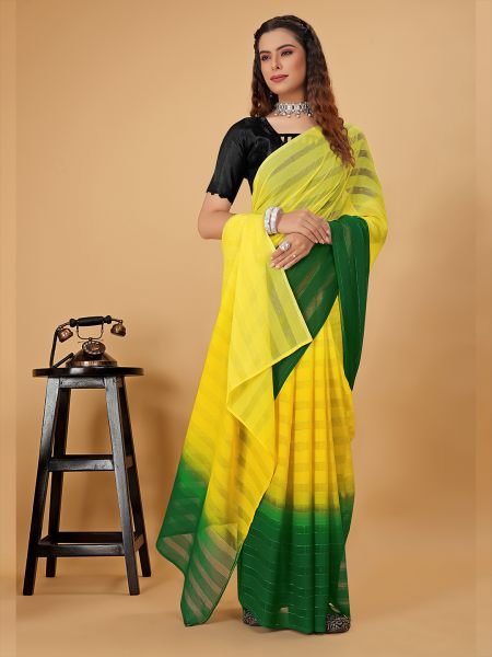 Ready To Wear Woven Chiffon Foli Print Work Two Tone Saree Ready To Wear Sarees