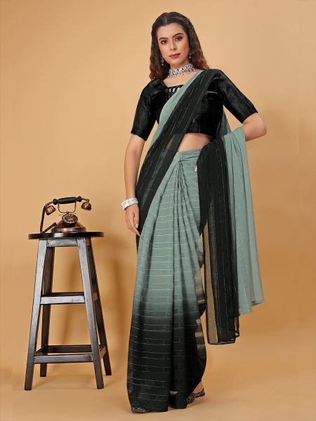 Ready To Wear Woven Chiffon Foli Print Work Two Tone Saree Ready To Wear Sarees