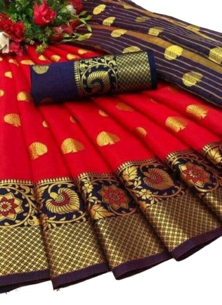 Red Cotton Silk Banarasi Saree with Zari Woven Jacquard for Festive Wear Sale