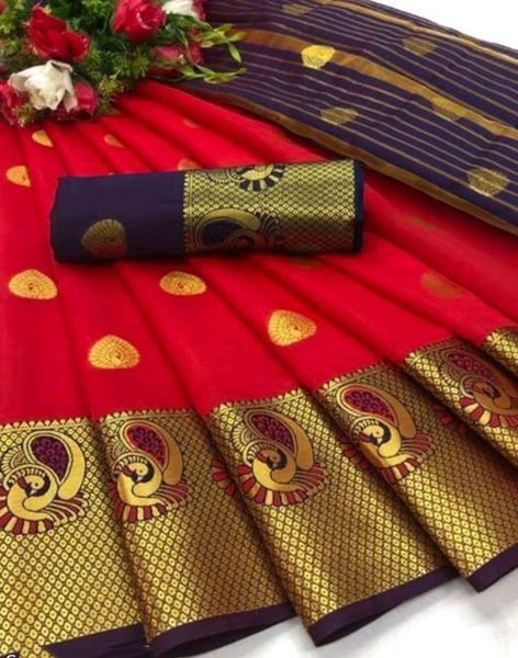 Red Cotton Silk Jacquard Woven Banarasi Saree with Zari for Festive Occasions Sale