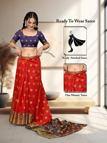 Red Ready To Wear Cotton Silk Woven Zari Jacquard Banarasi Traditional Saree Sale