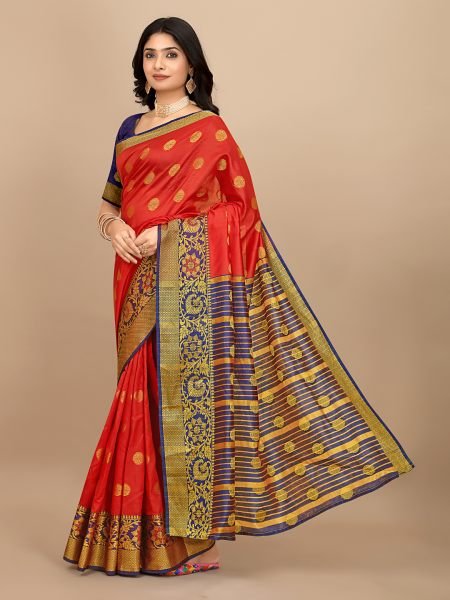 Red Ready To Wear Cotton Silk Woven Zari Jacquard Banarasi Traditional Saree Banarasi Sarees