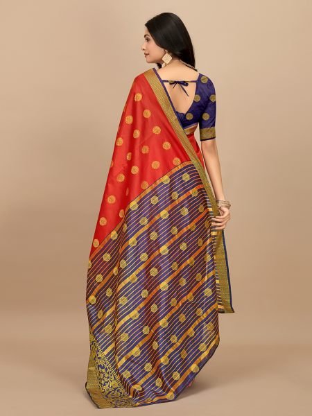 Red Ready To Wear Cotton Silk Woven Zari Jacquard Banarasi Traditional Saree Banarasi Sarees