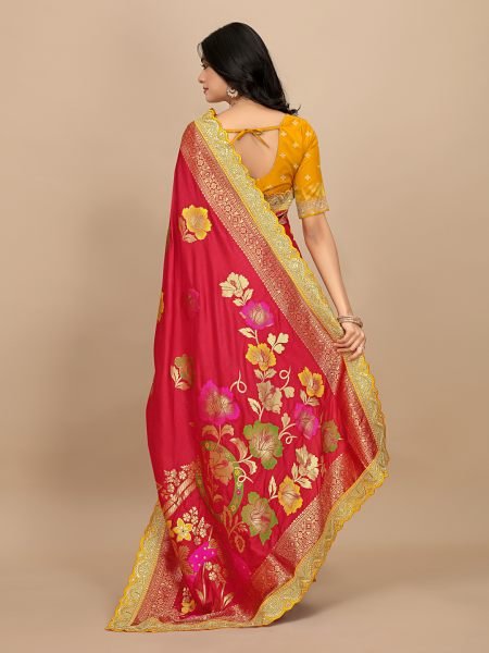 Red Dola Silk Kanjivaram Saree with Jacquard Work and Embroidered Lace Border Kanjivaram Sarees