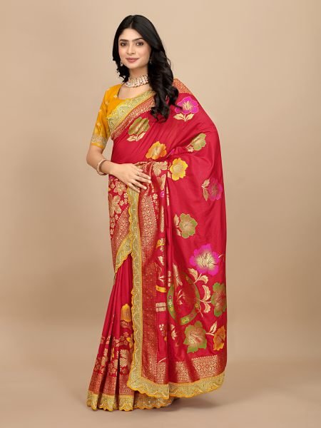 Red Dola Silk Kanjivaram Saree with Jacquard Work and Embroidered Lace Border Kanjivaram Sarees