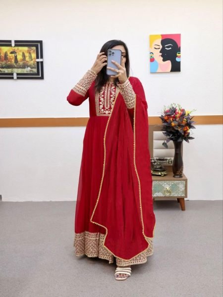 Red Embroidered Georgette Stitched Anarkali Gown 