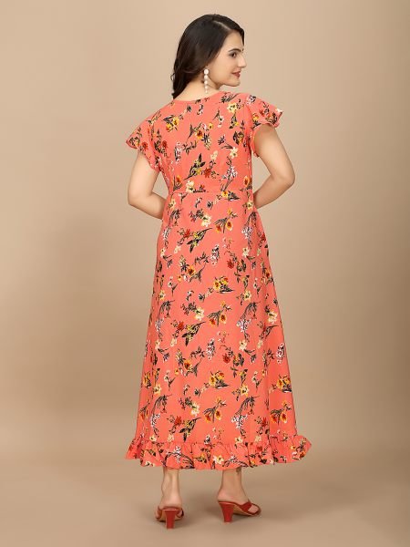 Red Floral Elegance High Low Ruffle Hemline Crape Dress with Butterfly Sleeves Dresses