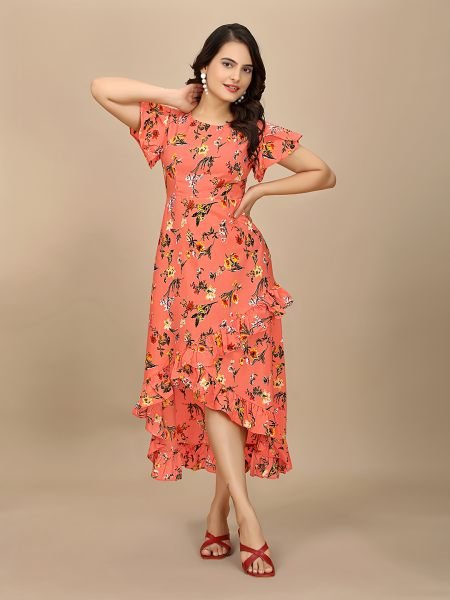 Red Floral Elegance High Low Ruffle Hemline Crape Dress with Butterfly Sleeves Dresses