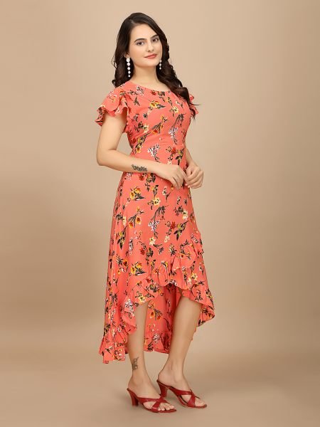 Red Floral Elegance High Low Ruffle Hemline Crape Dress with Butterfly Sleeves Dresses