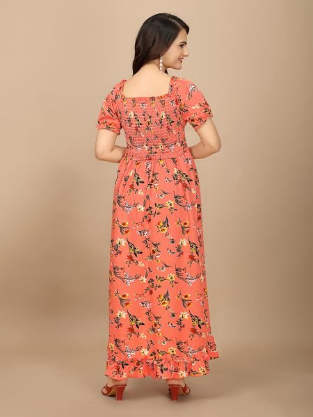 Red Floral Elegance Puff Sleeve High Low Maxi Dress with Elastic Closure Dresses