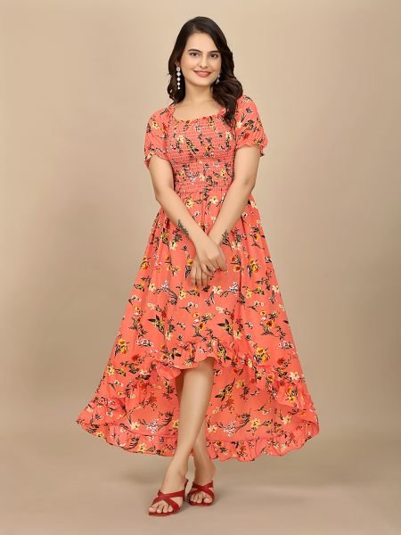 Red Floral Elegance Puff Sleeve High Low Maxi Dress with Elastic Closure Dresses