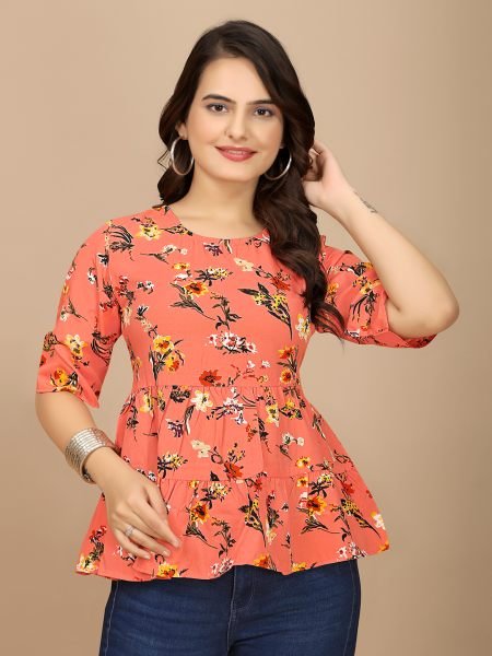 Red Floral Print Peplum Crop Top with Boat Neck Half Sleeves Tops & Tshirts