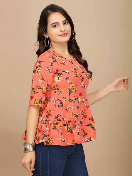 Red Floral Print Peplum Crop Top with Boat Neck Half Sleeves Tops & Tshirts