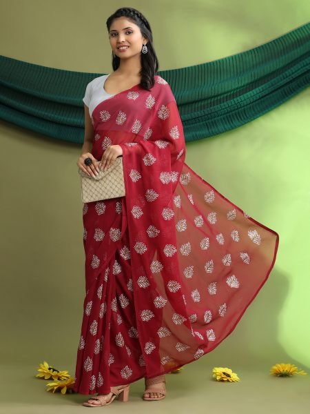 Red Floral Print Ready To Wear Daily Saree Sale
