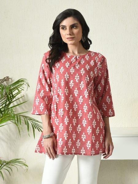 Red Floral Printed Cotton Blend Top with Keyhole Neck Sale