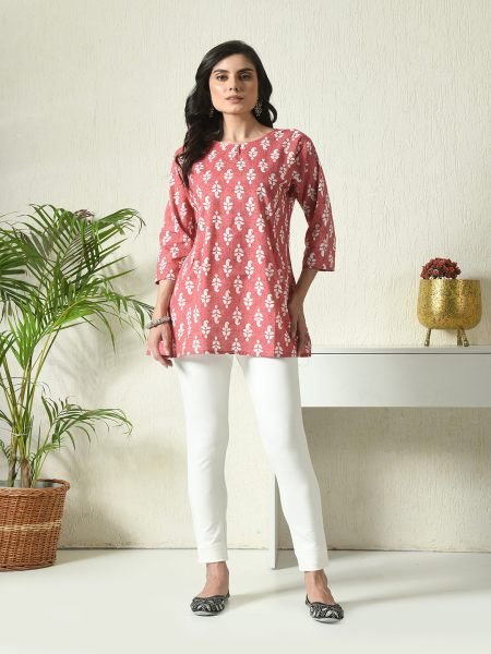 Red Floral Printed Cotton Blend Top with Keyhole Neck Kurtis & Tunics