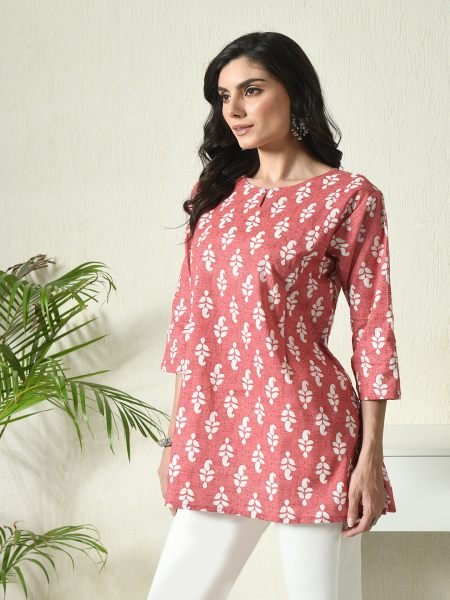 Red Floral Printed Cotton Blend Top with Keyhole Neck Kurtis & Tunics