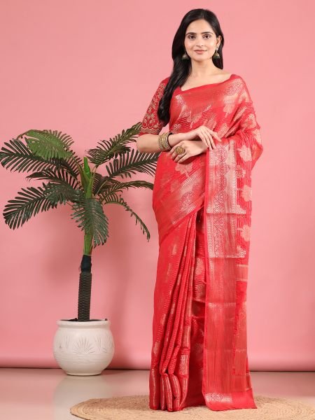 Red Banarasi Georgette jacquard Saree With Embroidery Blouse Banarasi Sarees