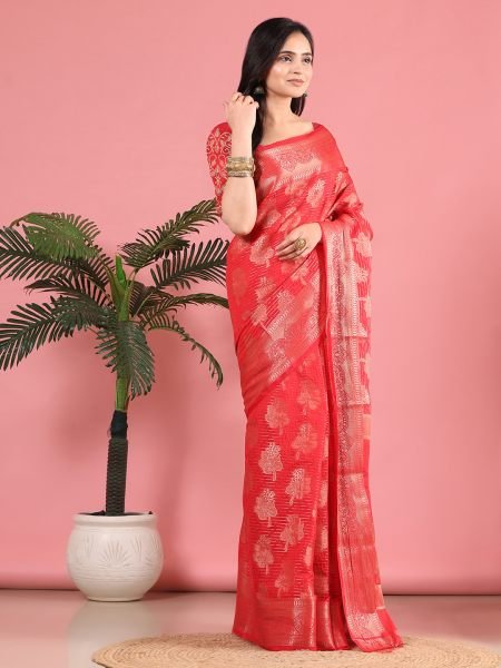 Red Banarasi Georgette jacquard Saree With Embroidery Blouse Banarasi Sarees