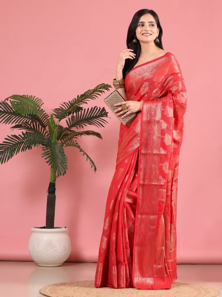 Red Banarasi Georgette jacquard Saree With Embroidery Blouse Banarasi Sarees